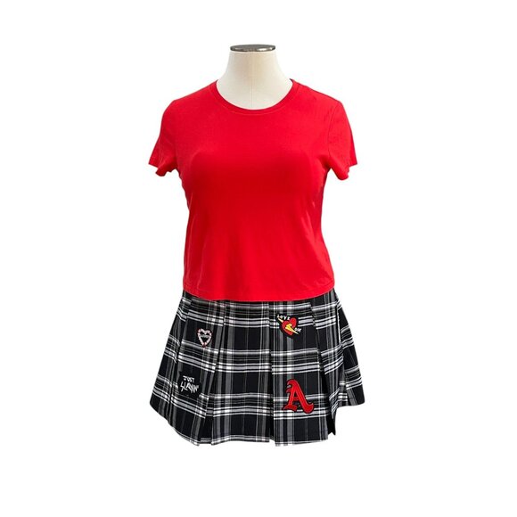 Red Crop Tee & Plaid Pleated Skirt Set XL – Preppy Y2K Grunge Style with Patches - Picture 5 of 16